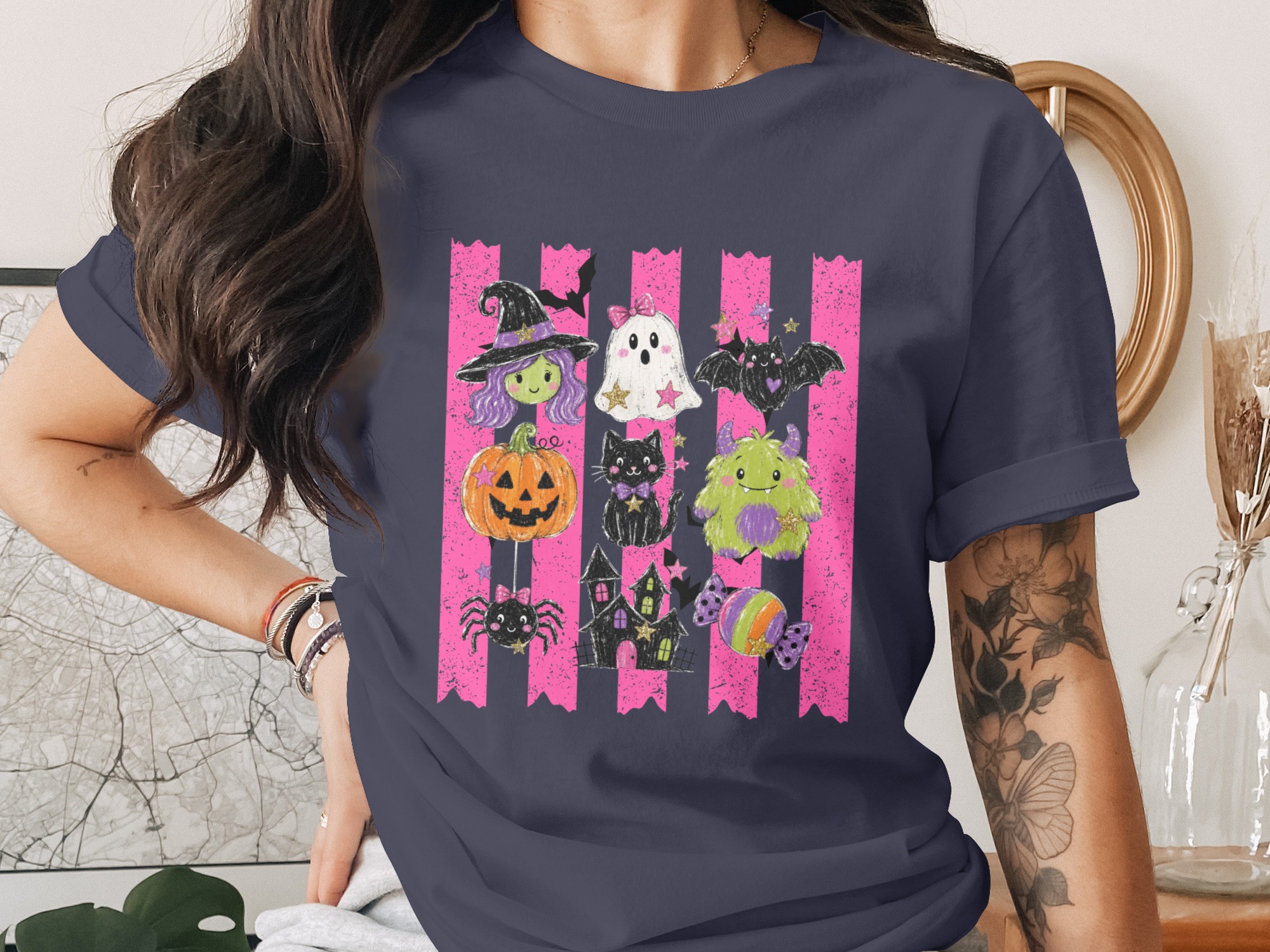 Cute Halloween T-Shirt, Spooky Season Witch Ghost Bat Pumpkin Cat Monster Spider Haunted House Candy Pink Stripes Graphic Tee - Image 12