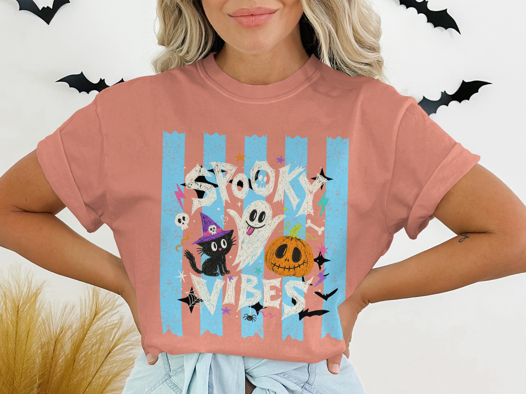 Spooky Vibes Halloween Graphic Tee | Cute Ghost Witchy Cat Jack O Lantern Fall Season Women's Trendy Funny Spooky T-Shirt Gift - Image 2