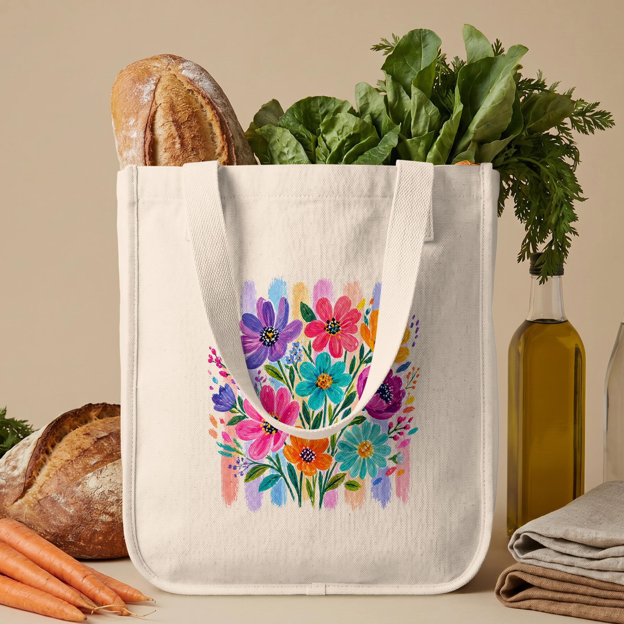 Vibrant Floral Tote Bag, Watercolor Boho Flower Market Shoulder Bag, Colorful Bloom Art Print Gift for Her, Everyday Chic Bag - Image 6