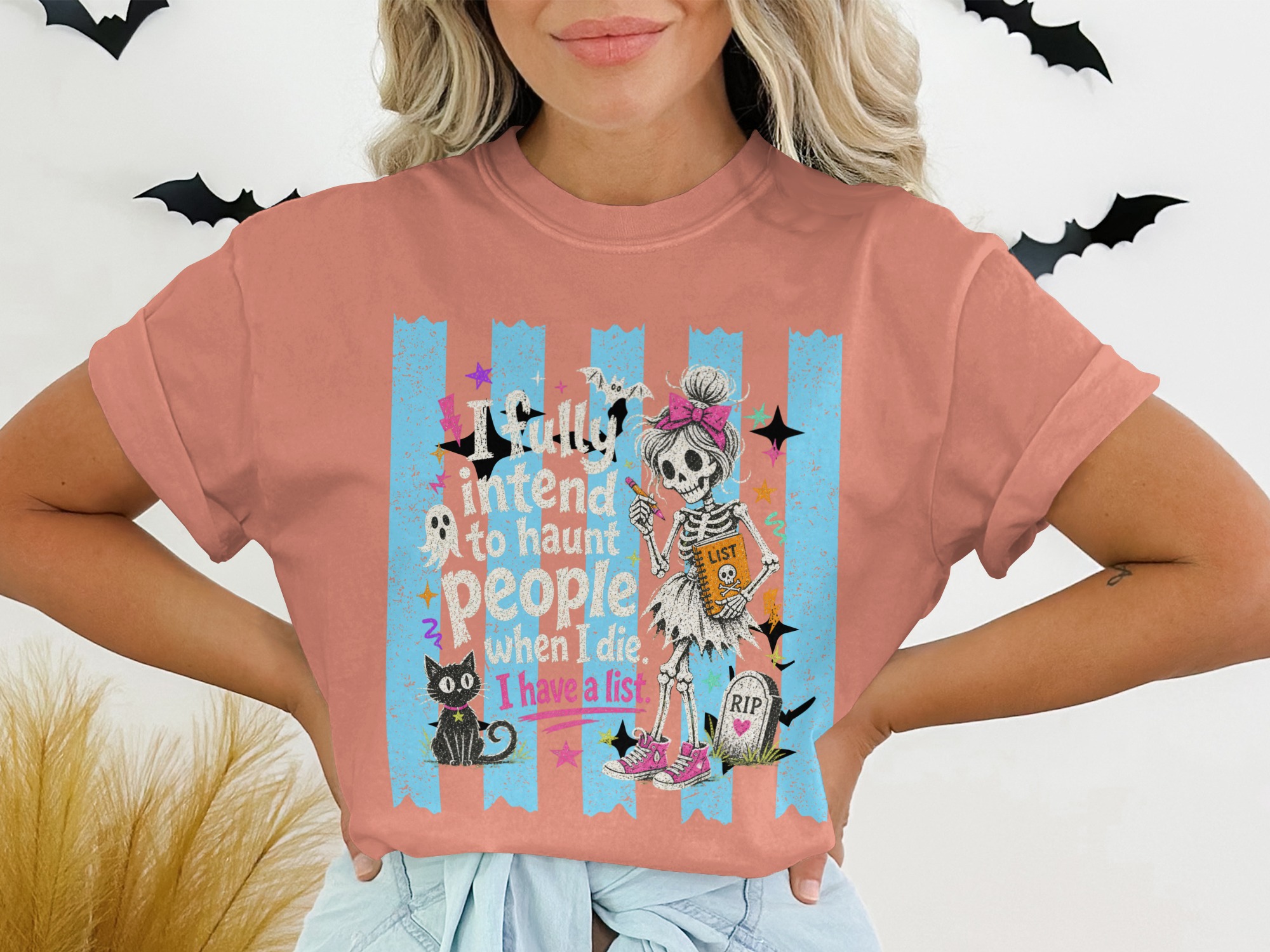 I Have A List Skeleton T-Shirt, Funny Halloween Tee, Sassy Spooky Cute Pastel Goth Shirt, Black Cat Ghost List Graphic Tee Gift - Image 3