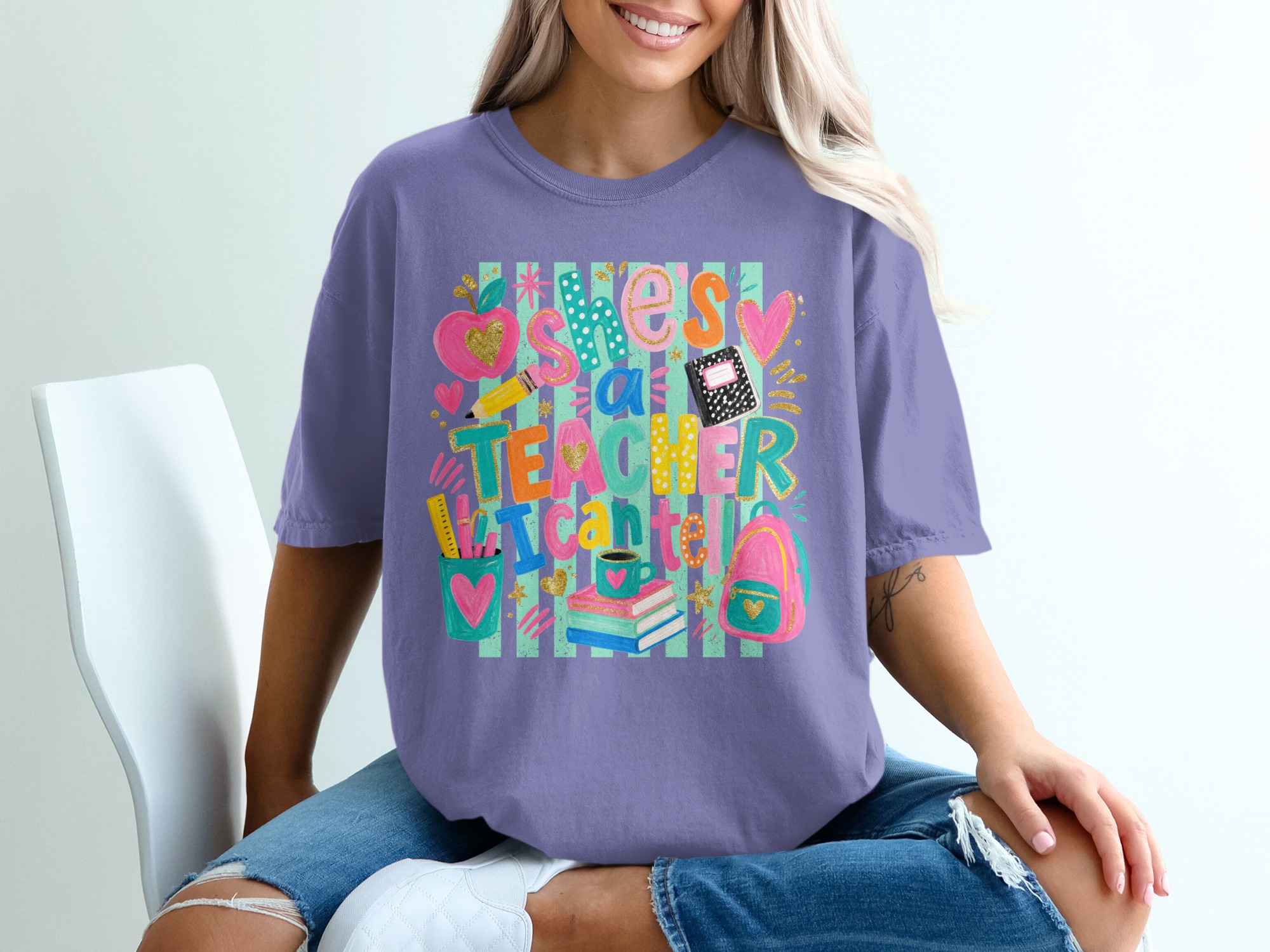She's a Teacher I Can Tell! T-Shirt, Colorful Teacher Appreciation Gift, Educator Thank You Tee, Back to School Outfit for Women - Image 3