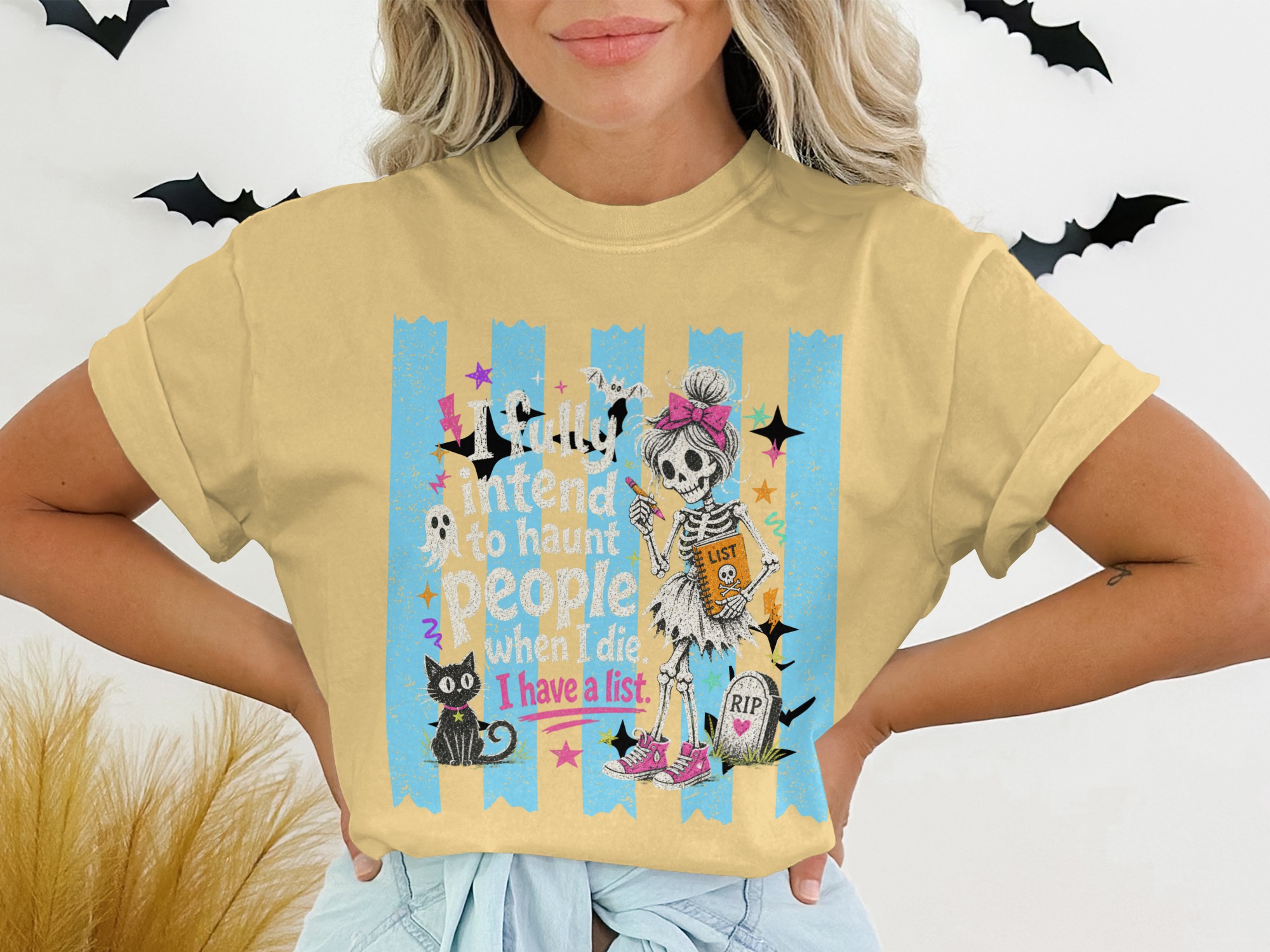 I Have A List Skeleton T-Shirt, Funny Halloween Tee, Sassy Spooky Cute Pastel Goth Shirt, Black Cat Ghost List Graphic Tee Gift