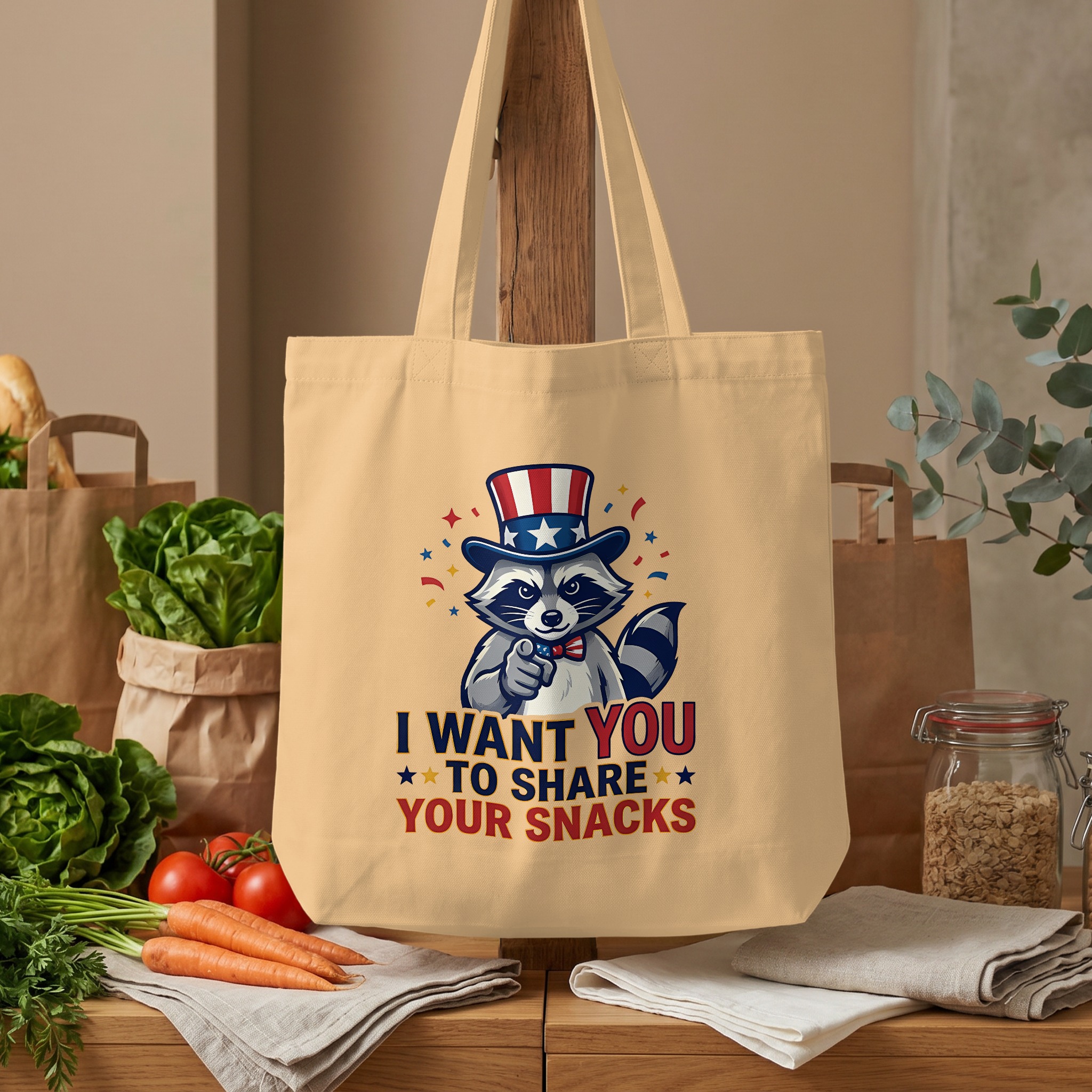 Funny Raccoon Tote Bag, I Want You To Share Snacks, Quirky Uncle Sam Animal Canvas Shopper Carryall Gift - Image 4