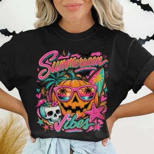 Summerween Vibes T-Shirt, Halloween Beach Jack O Lantern Tee, Retro Neon Spooky Season Tropical Skull Cocktail Vacation Pumpkin Shirt