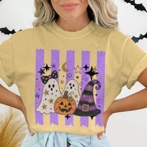 Cute Ghost Halloween T-Shirt, Spooky Pumpkin Witch Hat Graphic Tee, Faux Glitter Fall Festive Women's Purple Stripe Trick or Treat Apparel