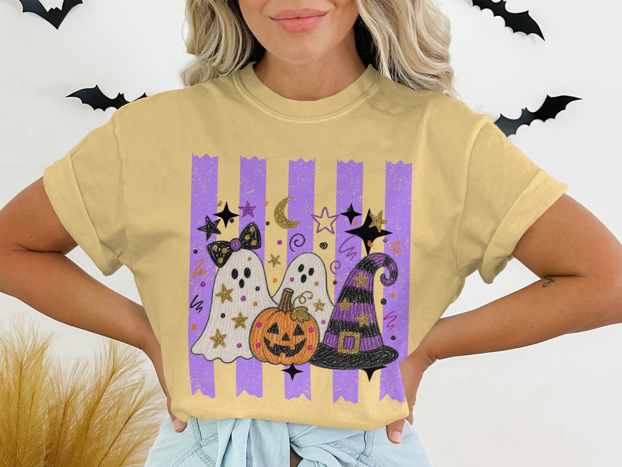 Cute Ghost Halloween T-Shirt, Spooky Pumpkin Witch Hat Graphic Tee, Faux Glitter Fall Festive Women's Purple Stripe Trick or Treat Apparel
