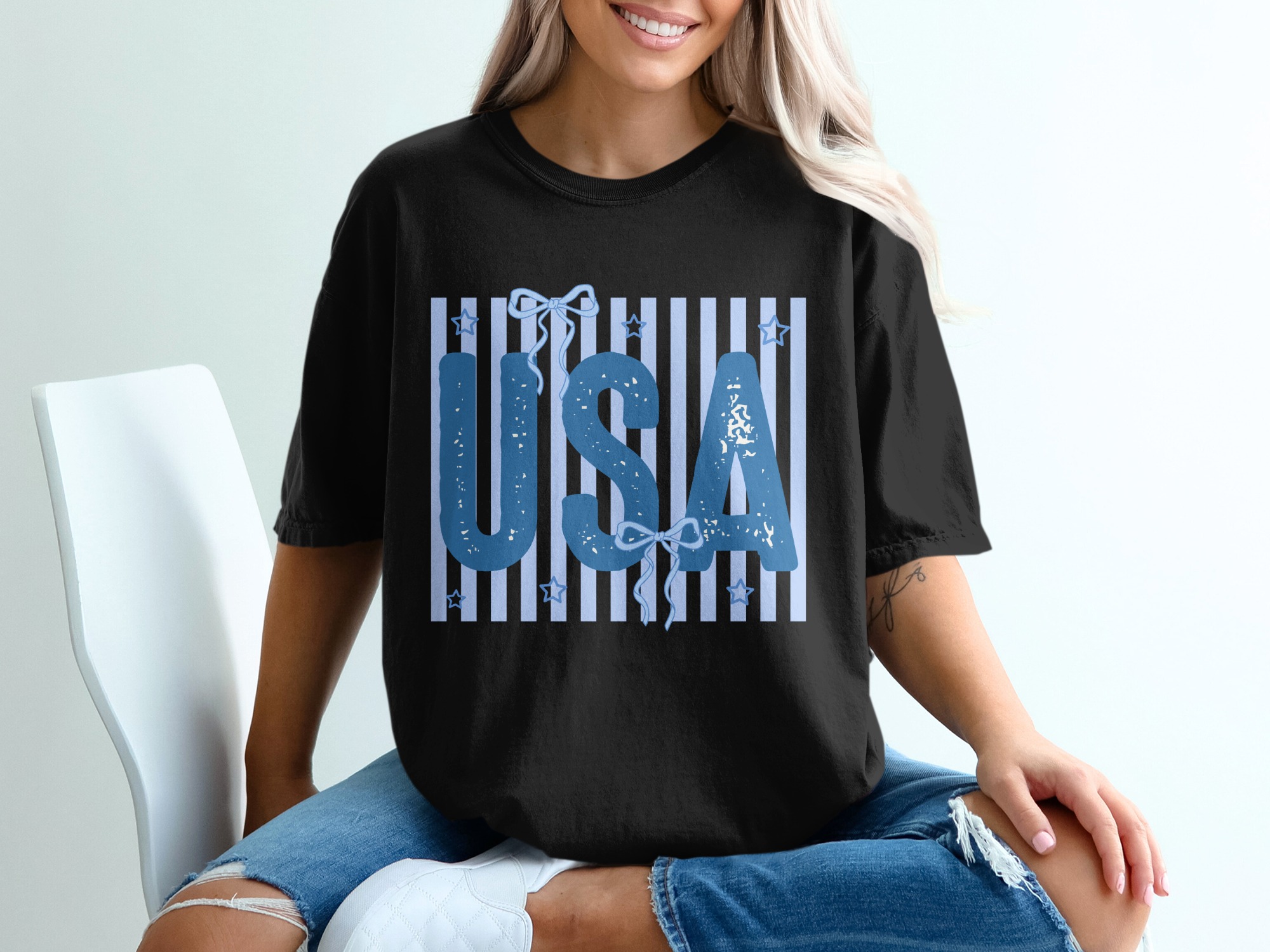 USA Patriotic T-Shirt, Distressed America Fourth of July Outfit with Cute Ribbon Bow Print, Americana Style Holiday Tee - Image 2