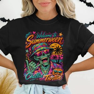 Welcome to Summerween Chillin' and Thrillin' T-Shirt | Spooky Summer Skeleton Tee | Neon Vintage Halloween in July Party Retro Ghost Lover