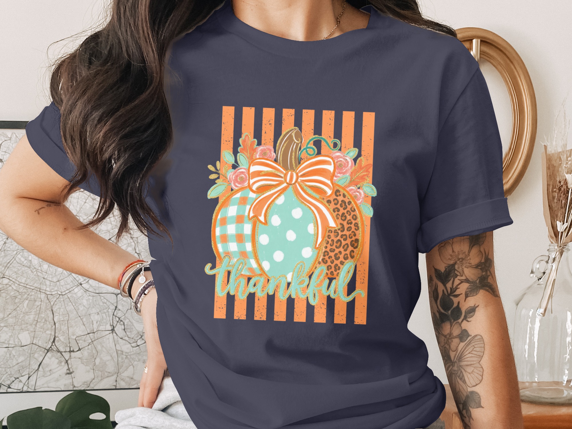Thankful Pumpkin Patch Fall T-Shirt, Boho Leopard Gingham Polka Dot Autumn Harvest Thanksgiving Graphic Tee for Women - Image 10