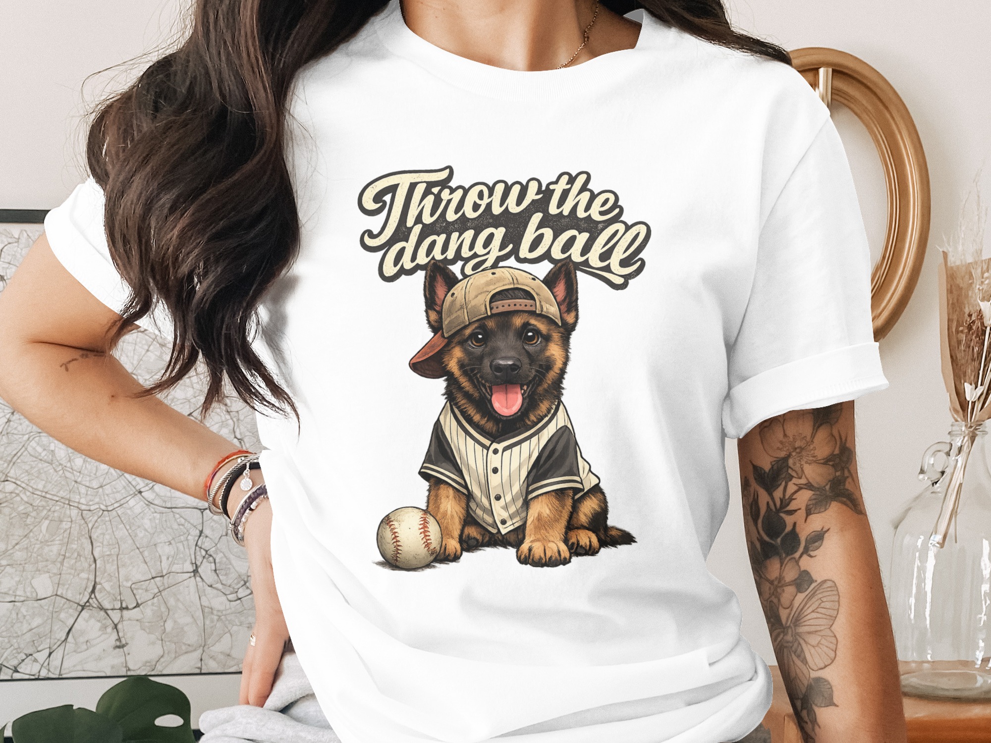 Throw the Dang Ball T-Shirt, German Shepherd Baseball Fan Shirt, Funny Dog Lover Tee, Cute Puppy Pet Owner Gift Idea for Him Her