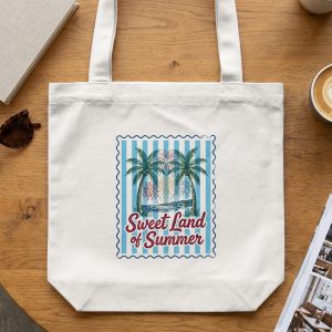 Retro Summer Beach Tote Bag with Palm Trees & Fireworks | Sweet Land of Summer Vacation Vibe Aesthetic Canvas Bag
