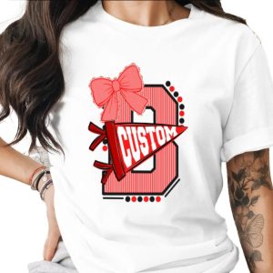 Custom Initial T-Shirt with Bow, Personalized Varsity Style Pennant Design, School Spirit College Team Mascot Letter Tee