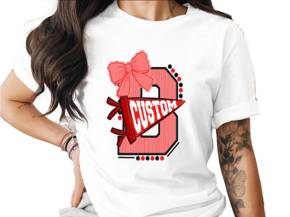 Custom Initial T-Shirt with Bow, Personalized Varsity Style Pennant Design, School Spirit College Team Mascot Letter Tee
