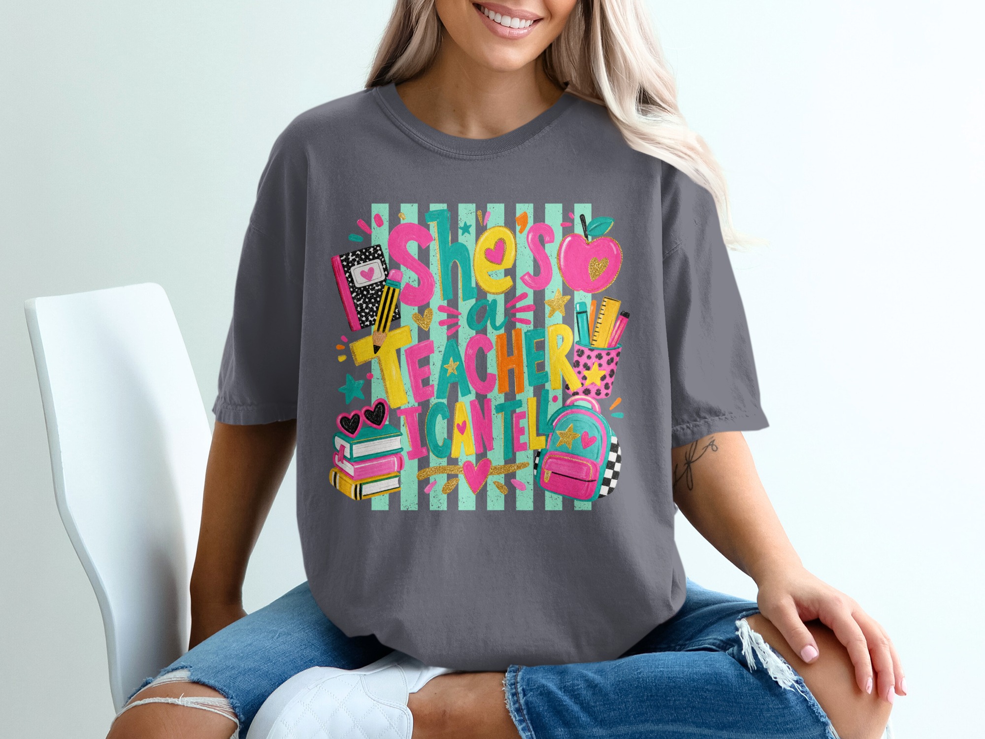 She's A Teacher I Can Tell T-Shirt | Back to School Cute Teacher Appreciation Gift | Funny Educator Life Shirt | Colorful Retro Style - Image 2