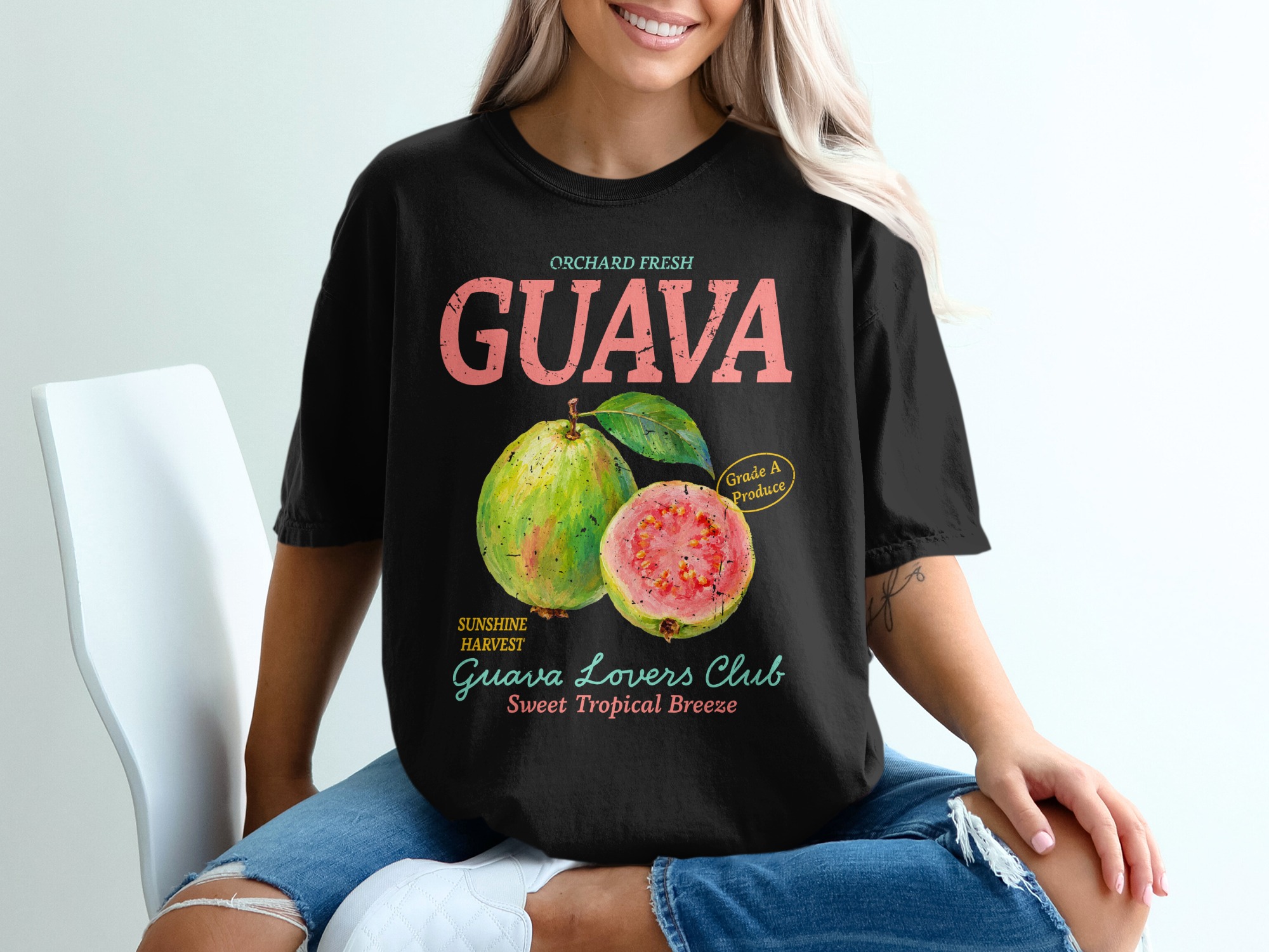 Orchard Fresh Guava Lovers Club T-Shirt | Vintage Fruit Produce Label Tee | Sweet Tropical Breeze Foodie Shirt - Image 2