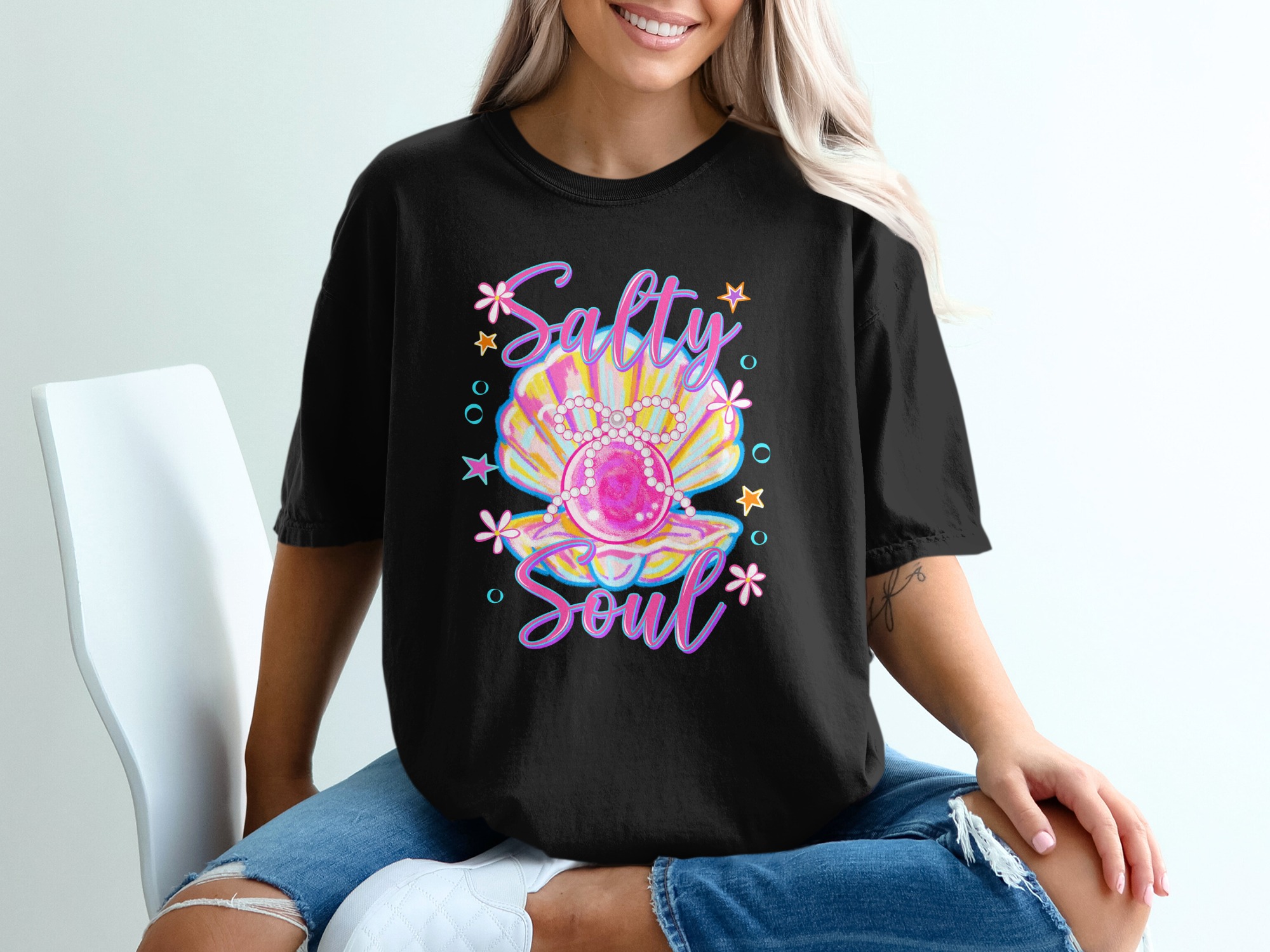Salty Soul T-Shirt, Comfort Colors ® Beach Vacation Tee, Colorful Pearl Shell Top, Trendy Summer Shirt, Mermaidcore Aesthetic Gift, Coastal - Image 2