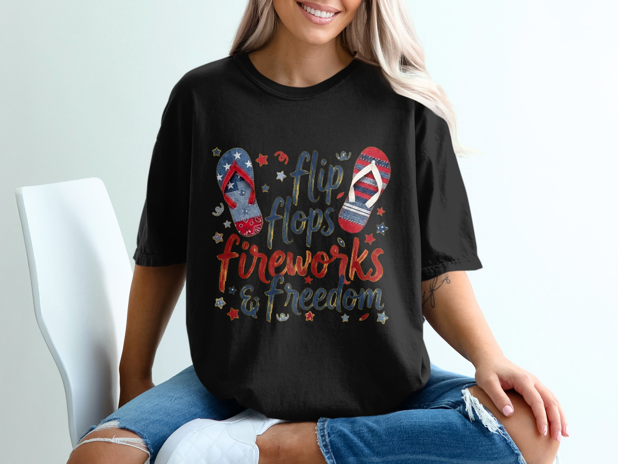 Patriotic Flip Flops Fireworks & Freedom T-Shirt, 4th of July Shirt, Summer Vacation Tee, Americana Graphic Top, Independence Day Gift - Image 2