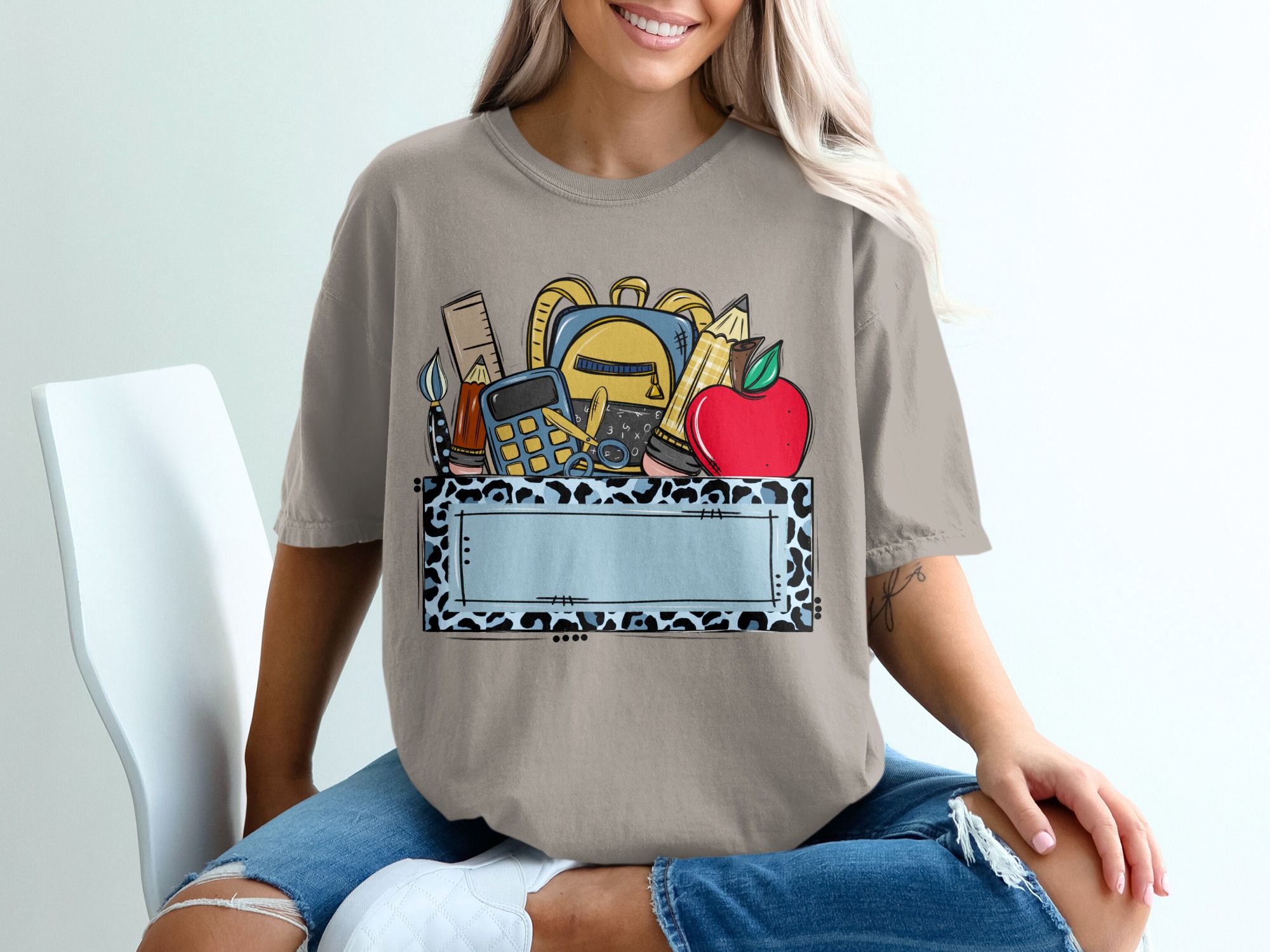 Custom Teacher T-Shirt, Personalized School Supplies Tee with Blue Leopard Print, Back to School Educator Gift, Made to Order Mascot Name - Image 11