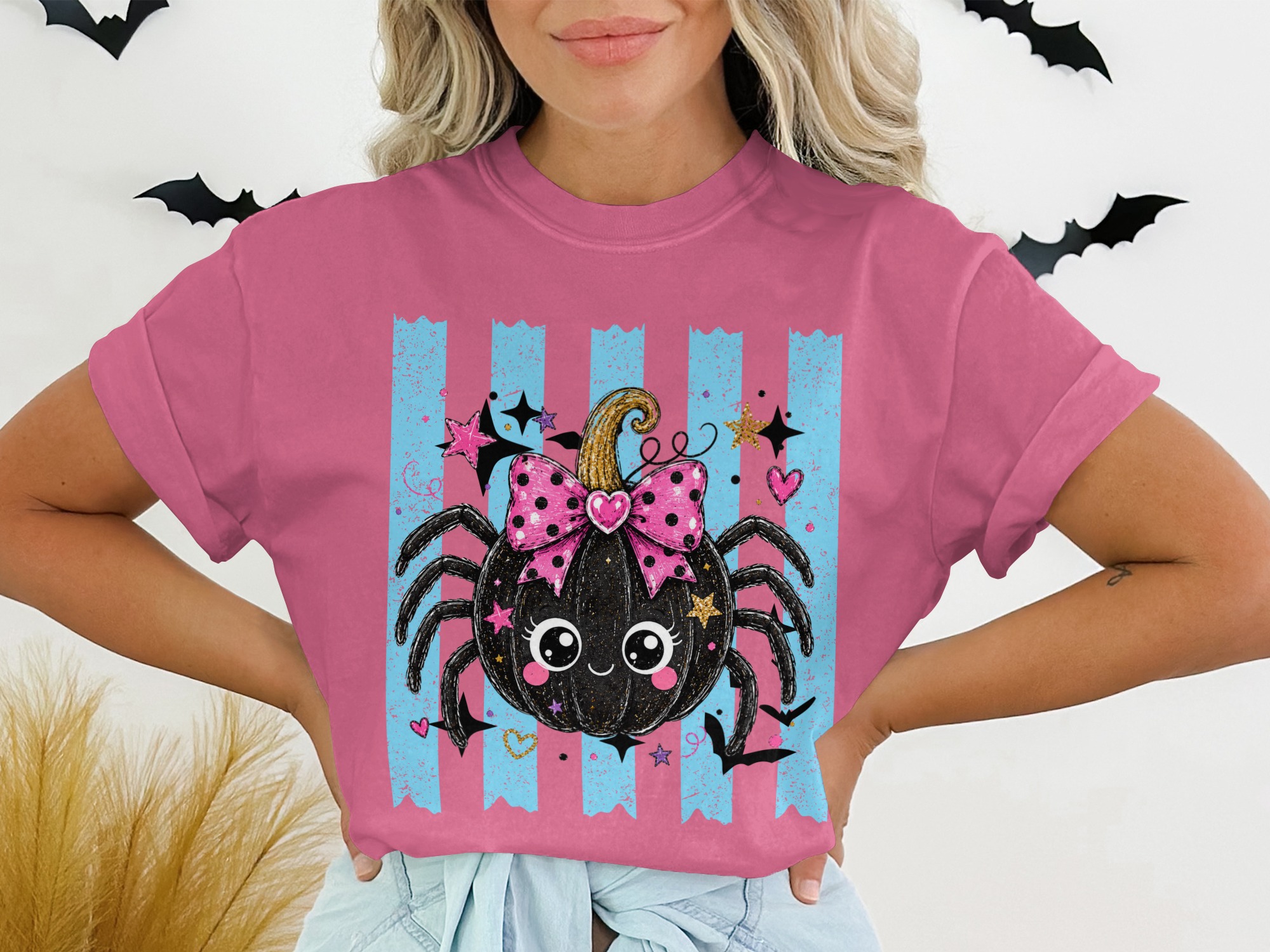Cute Spooky Spider Pumpkin T-Shirt for Halloween Lover, Adorable Fall Autumn Tee Shirt with Faux Gold Glitter - Image 13