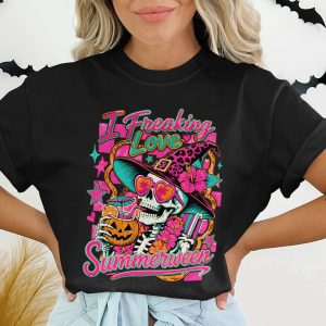 Summerween T-Shirt, Spooky Summer Witch Skeleton Tee, Vibrant Retro Halloween Y2K Style Top, Tropical Pink Goth Shirt
