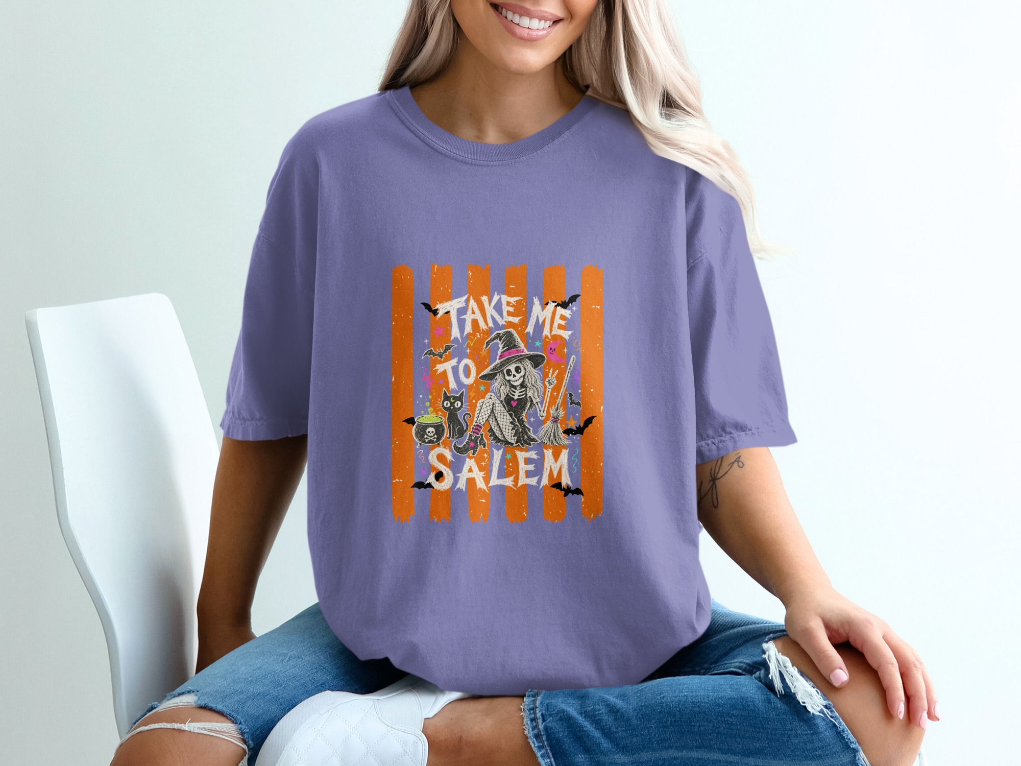 Take Me To Salem Skeleton Witch T-Shirt, Spooky Halloween Cat Tee, Distressed Orange Striped Witchy Vibes Top, October Fall Gift for Her - Image 5
