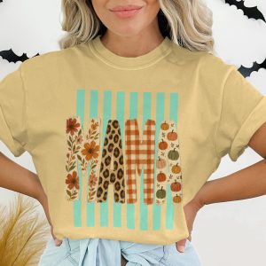 Fall Mama T-Shirt, Leopard Print Mama Tee, Pumpkin Mama Top, Boho Floral Autumn Plaid Mom Shirt, New Mom Gift