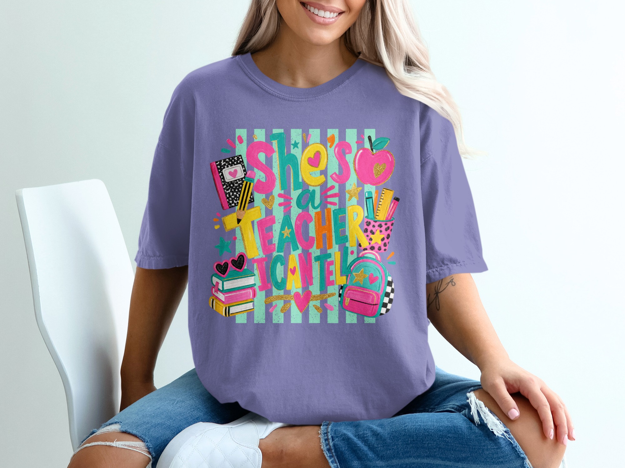She's A Teacher I Can Tell T-Shirt | Back to School Cute Teacher Appreciation Gift | Funny Educator Life Shirt | Colorful Retro Style - Image 3