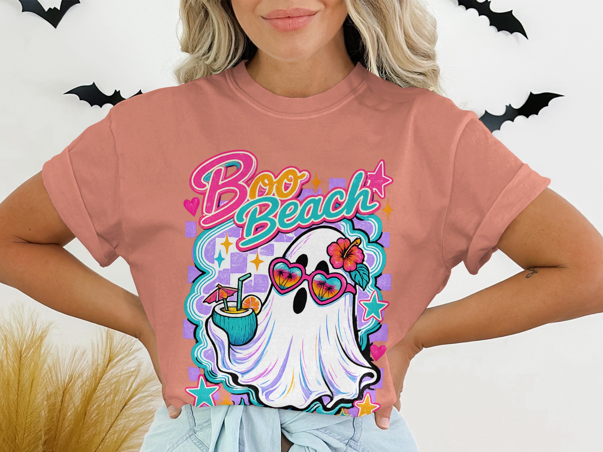 Boo Beach Ghost T-Shirt, Retro Summer Vacation Tee, Spooky Cute Beach Trip Halloween Shirt, Heart Sunglasses Coconut Drink Graphic Top - Image 2