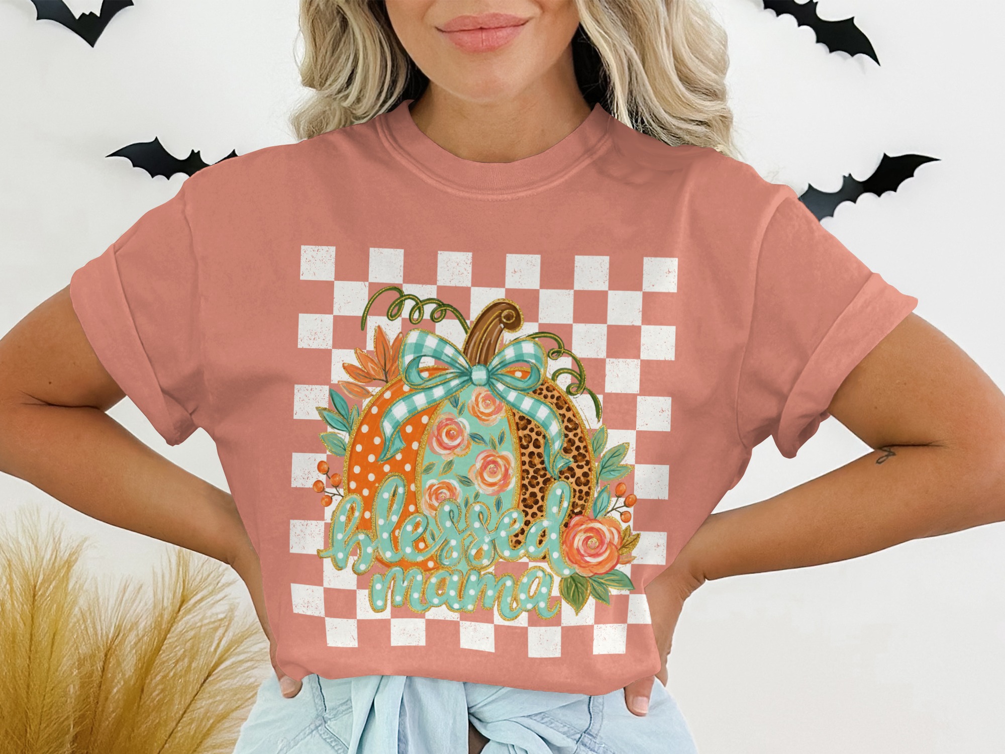 Blessed Mama Pumpkin T-Shirt, Cute Fall Leopard Print Pumpkin Shirt for New Mom & Motherhood Gift - Image 2
