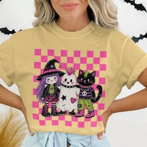 Punk Rock Friends Witch Ghost Cat T-Shirt, Hot Pink Checkered Alt Style Tee, Emo Goth Aesthetic Spooky Cute Bestie Graphic Tee