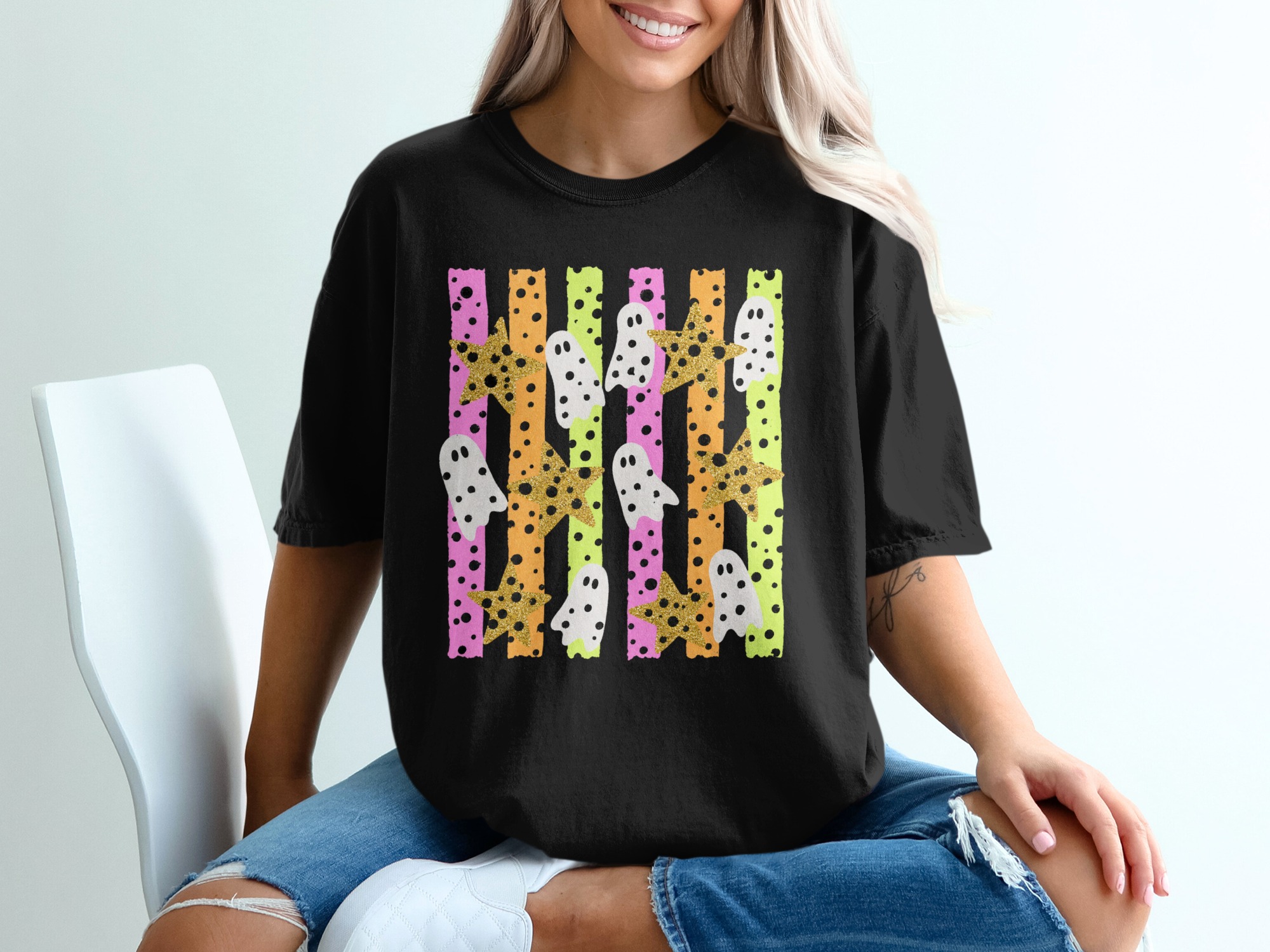 Comfort Colors® Funky Halloween Shirt, Spooky Cute Ghost Star Tee, Neon Leopard Print T-Shirt for Women - Image 4