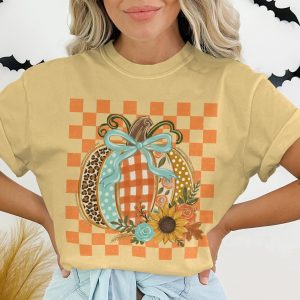 Cute Fall Pumpkin T-Shirt, Distressed Checkerboard Autumn Tee, Floral Leopard Print Pumpkin Shirt, Thanksgiving Gift
