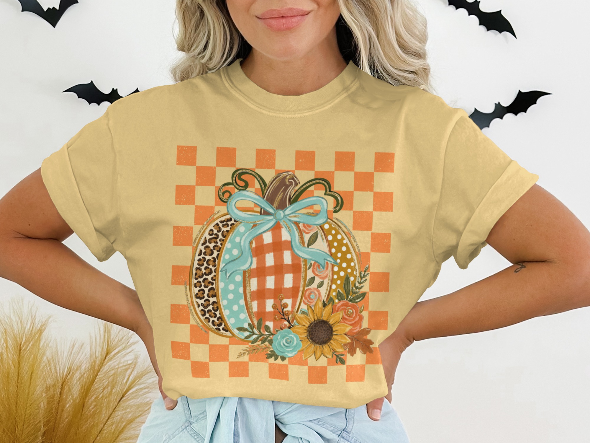 Cute Fall Pumpkin T-Shirt, Distressed Checkerboard Autumn Tee, Floral Leopard Print Pumpkin Shirt, Thanksgiving Gift