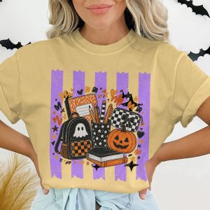 Back to School Halloween Teacher Shirt, Spooky Ghost Pumpkin School Supplies Tee, Cute Fall Academic Educator T-Shirt Gift