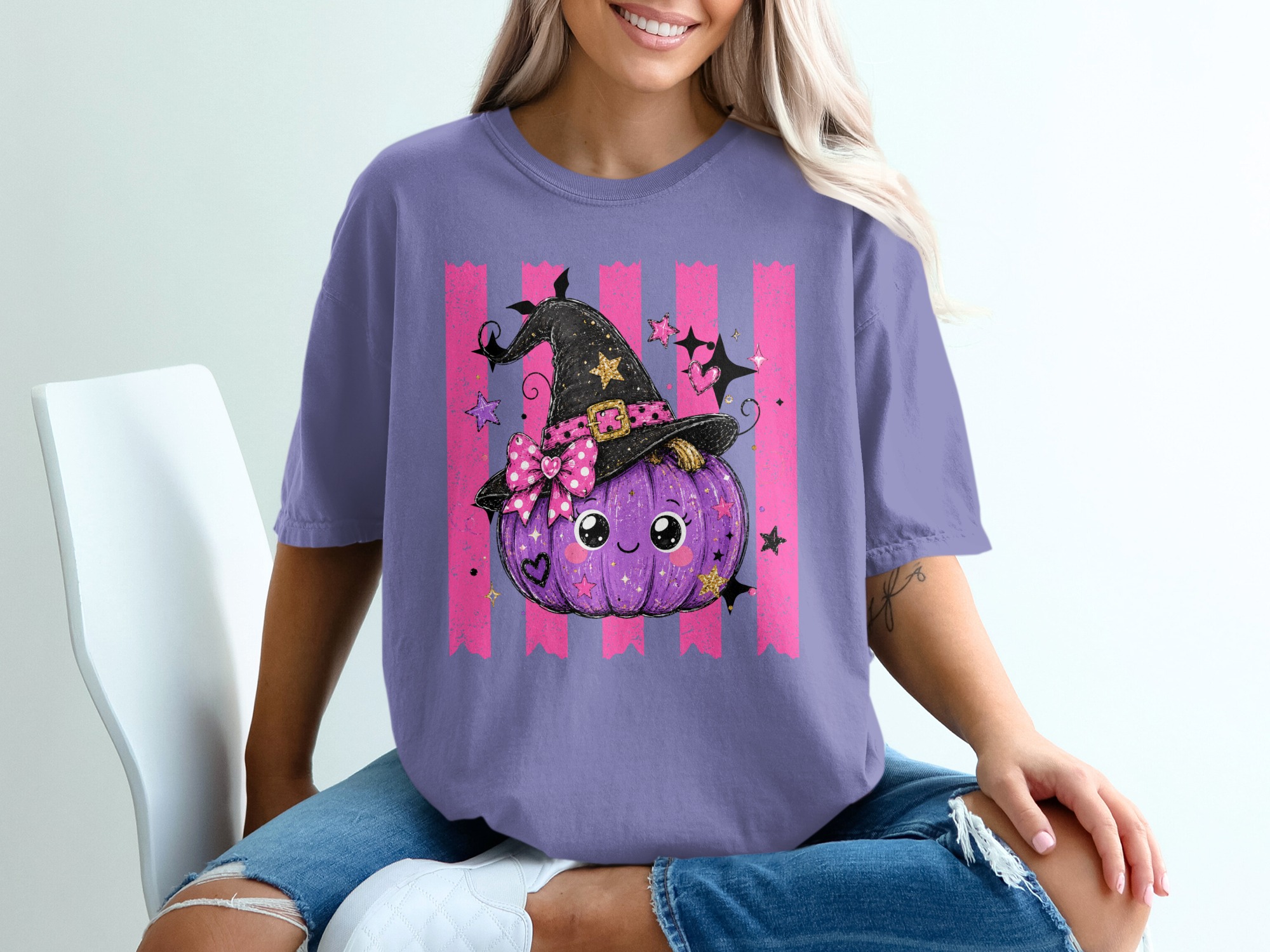 Cute Witch Pumpkin T-Shirt | Adorable Halloween Shirt for Women & Girls | Spooky Season Tee Gift Idea - Image 6
