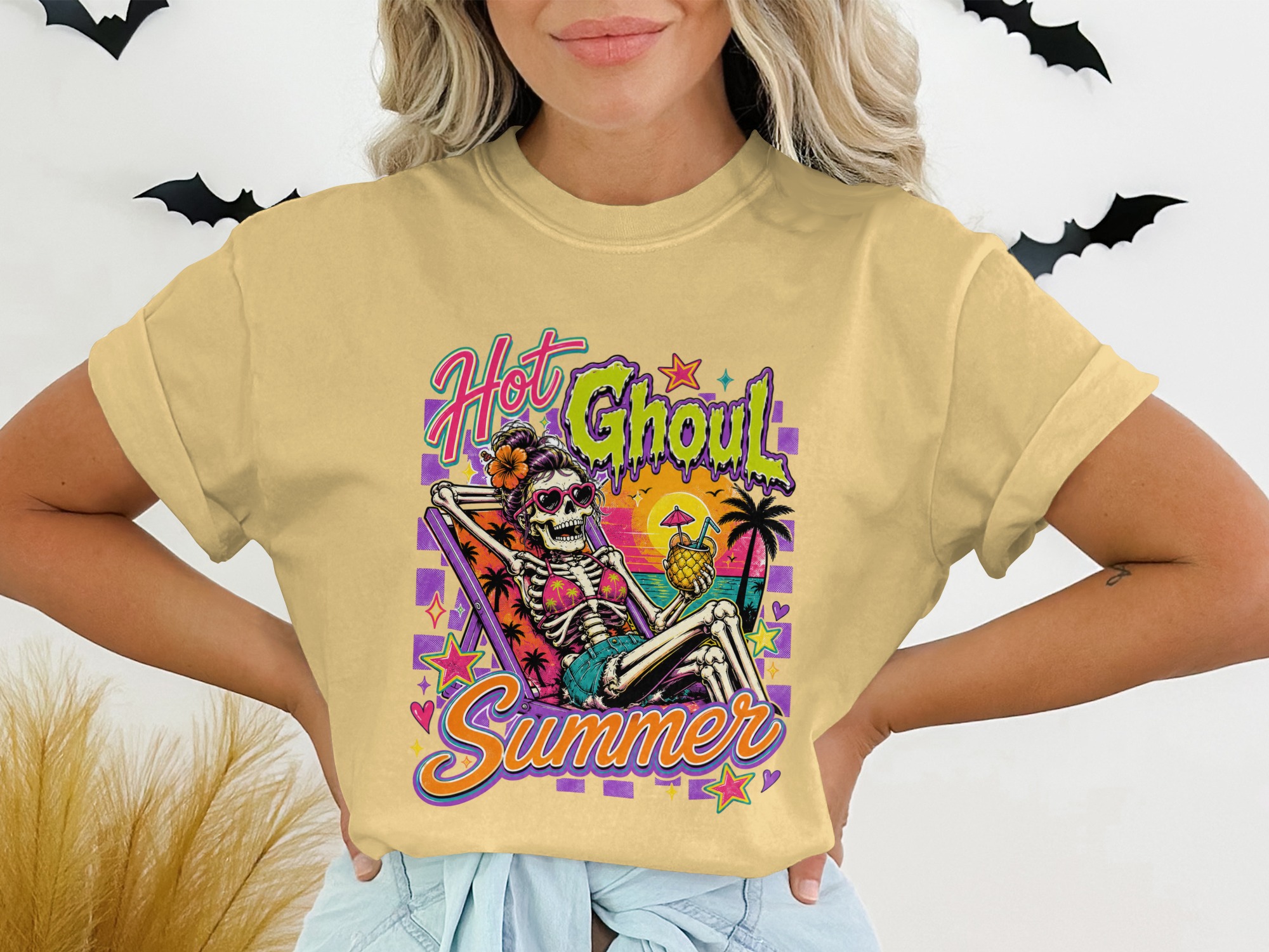 Hot Ghoul Summer Shirt, Skeleton Summer Retro Spooky Graphic Tee, Tropical Goth Funny Skull Vacation T-Shirt - Image 7