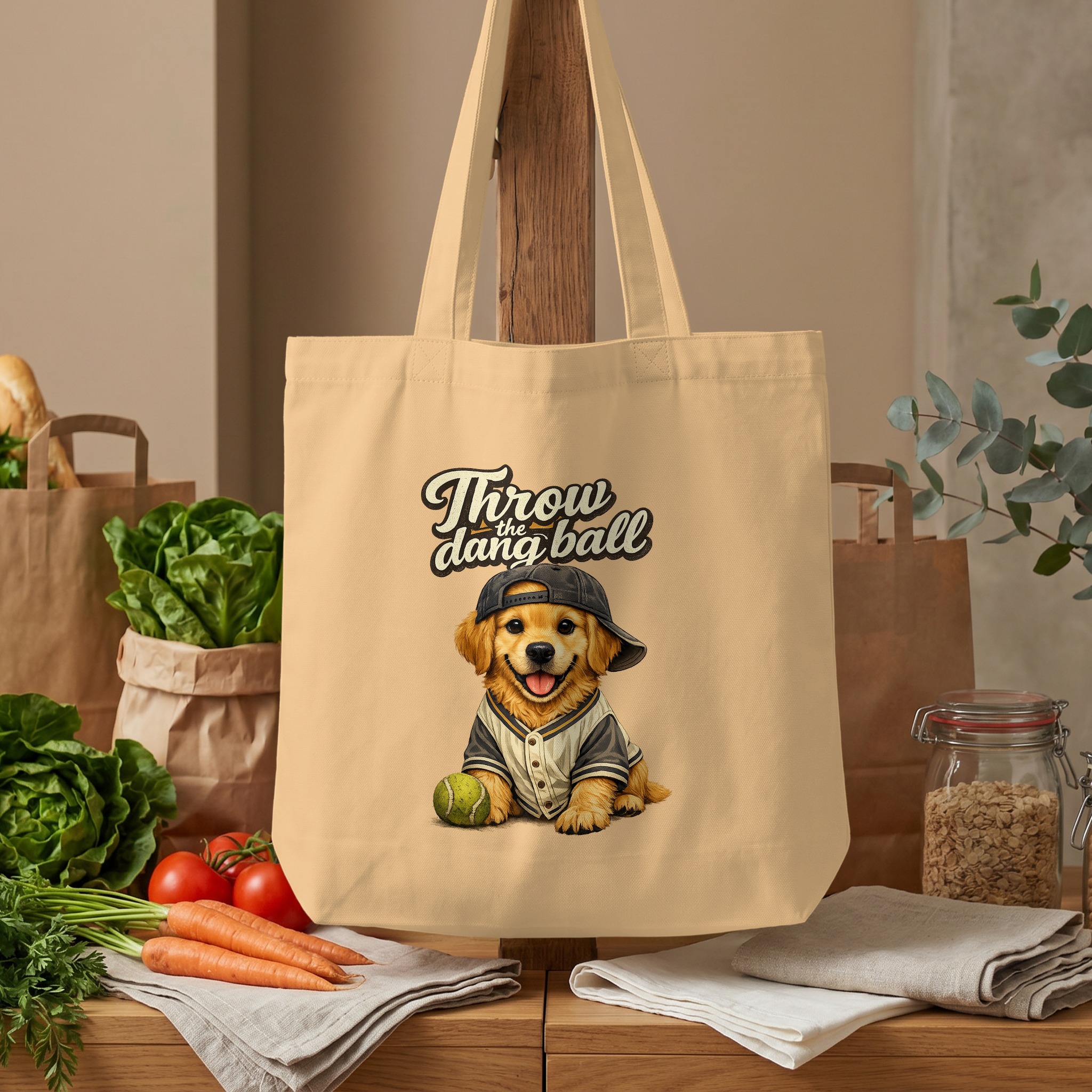 Golden Retriever Tote Bag, Funny Dog Baseball Cap Puppy Canvas Shopper Bag, 'Throw the Dang Ball' Pet Lover Gift - Image 4
