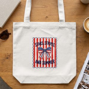 Stars, Stripes, and Summer Tote Bag | Patriotic American Flag Bow Design | Vintage Style Summer Canvas Bag Gift