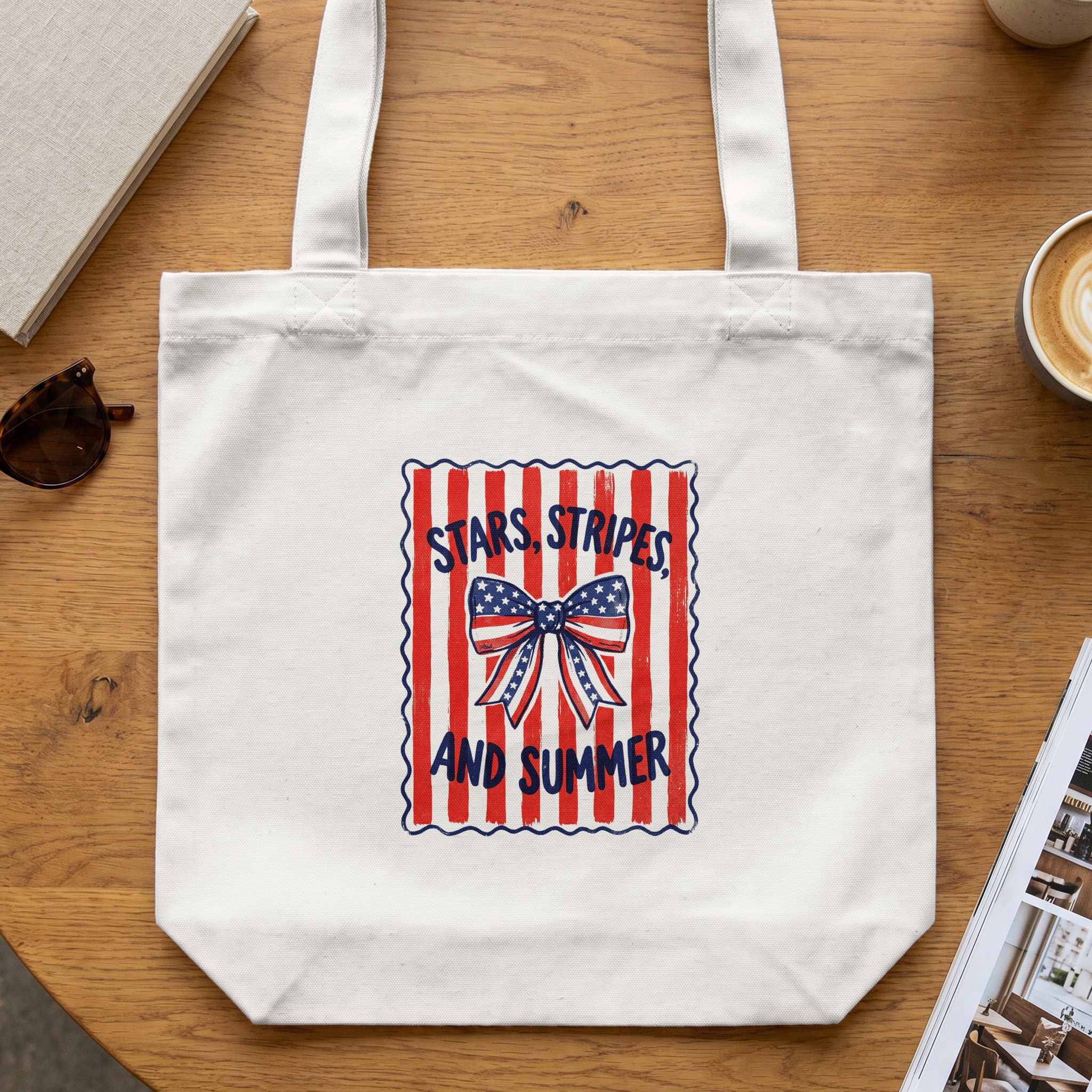 Stars, Stripes, and Summer Tote Bag | Patriotic American Flag Bow Design | Vintage Style Summer Canvas Bag Gift