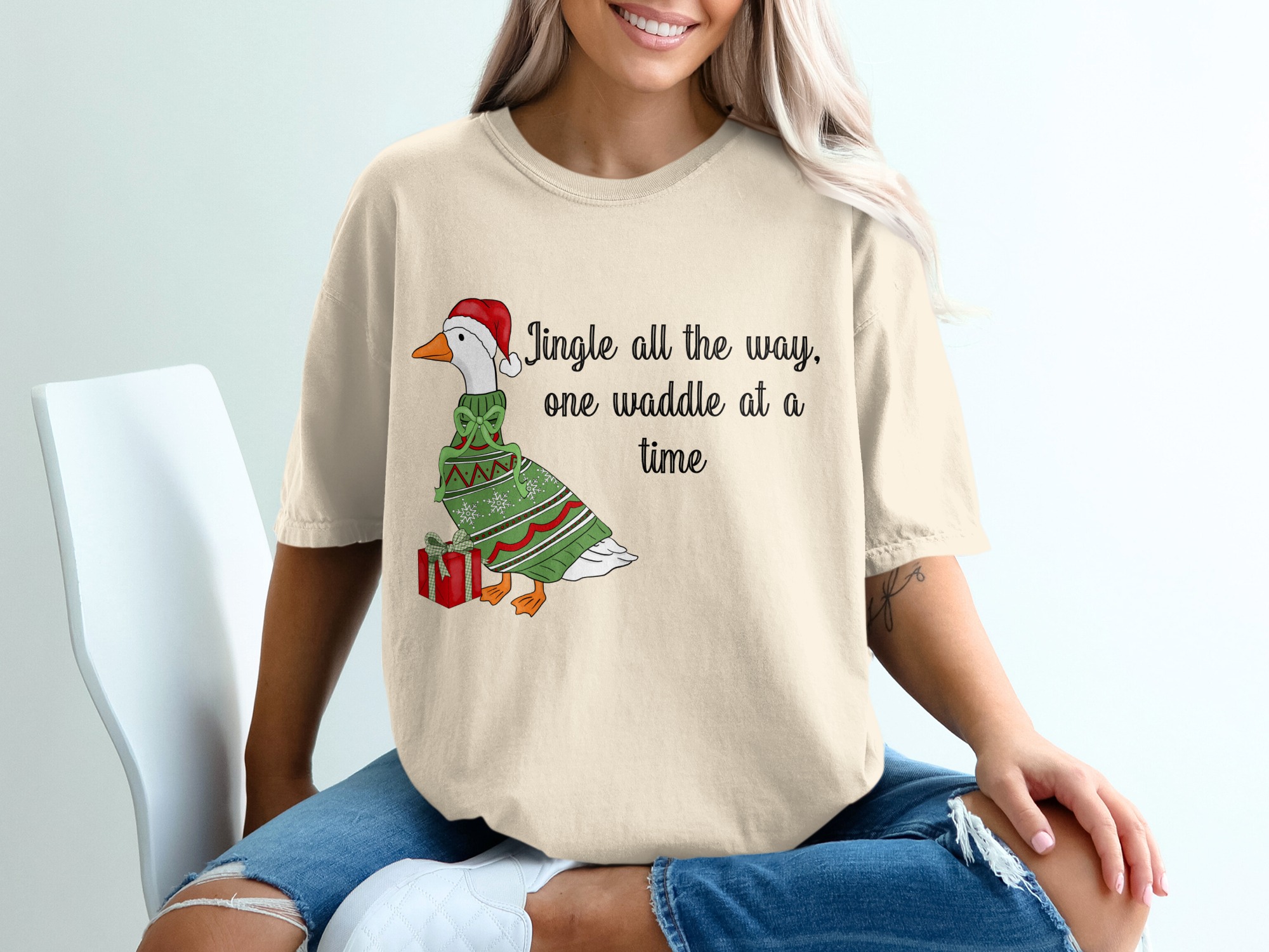 Funny Christmas Goose T-Shirt | Ugly Sweater Holiday Animal Tee | Jingle All The Way One Waddle At A Time Festive Top | Cute Winter Gift