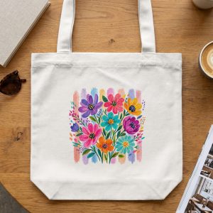 Vibrant Floral Tote Bag, Watercolor Boho Flower Market Shoulder Bag, Colorful Bloom Art Print Gift for Her, Everyday Chic Bag