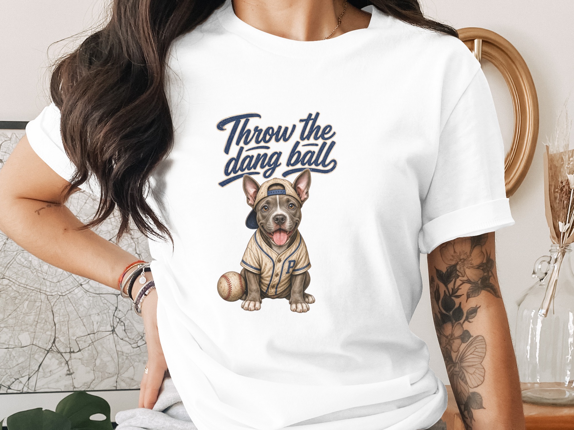 Baseball Dog Fan T-Shirt, Pitbull Puppy in Baseball Uniform, 'Throw The Dang Ball' Tee, Game Day Top