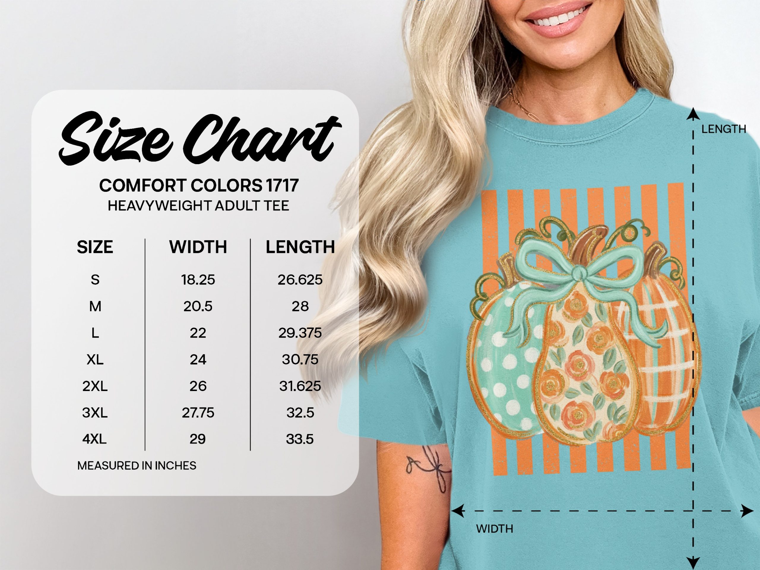 Cozy Autumn Pumpkins T-Shirt | Women's Fall Decor Graphic Tee with Faux Gold Outline & Teal Bow for Harvest Season - Image 9