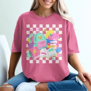 Back to School Teacher T-Shirt, Colorful School Supplies Educator Gift, Cute Books Apple Backpack Academia Vibe Tee