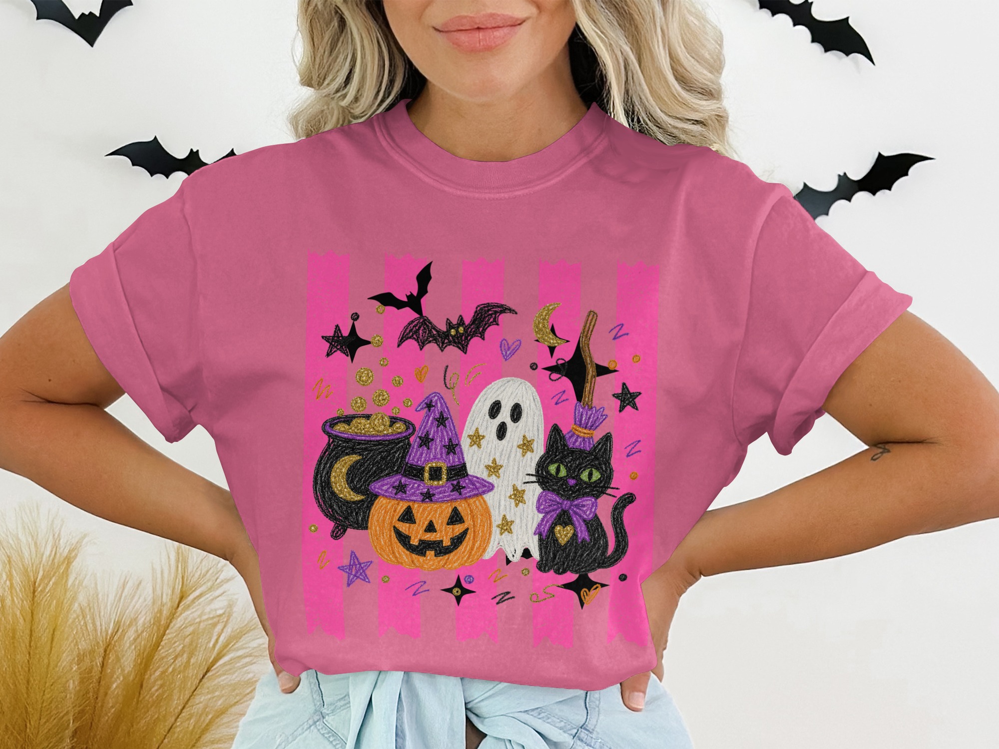 Cute Halloween T-Shirt for Women, Spooky Season Ghoul Gang Shirt, Pink Witchy Pumpkin Ghost Cat Tee, Kawaii Fall Gift Idea - Image 13