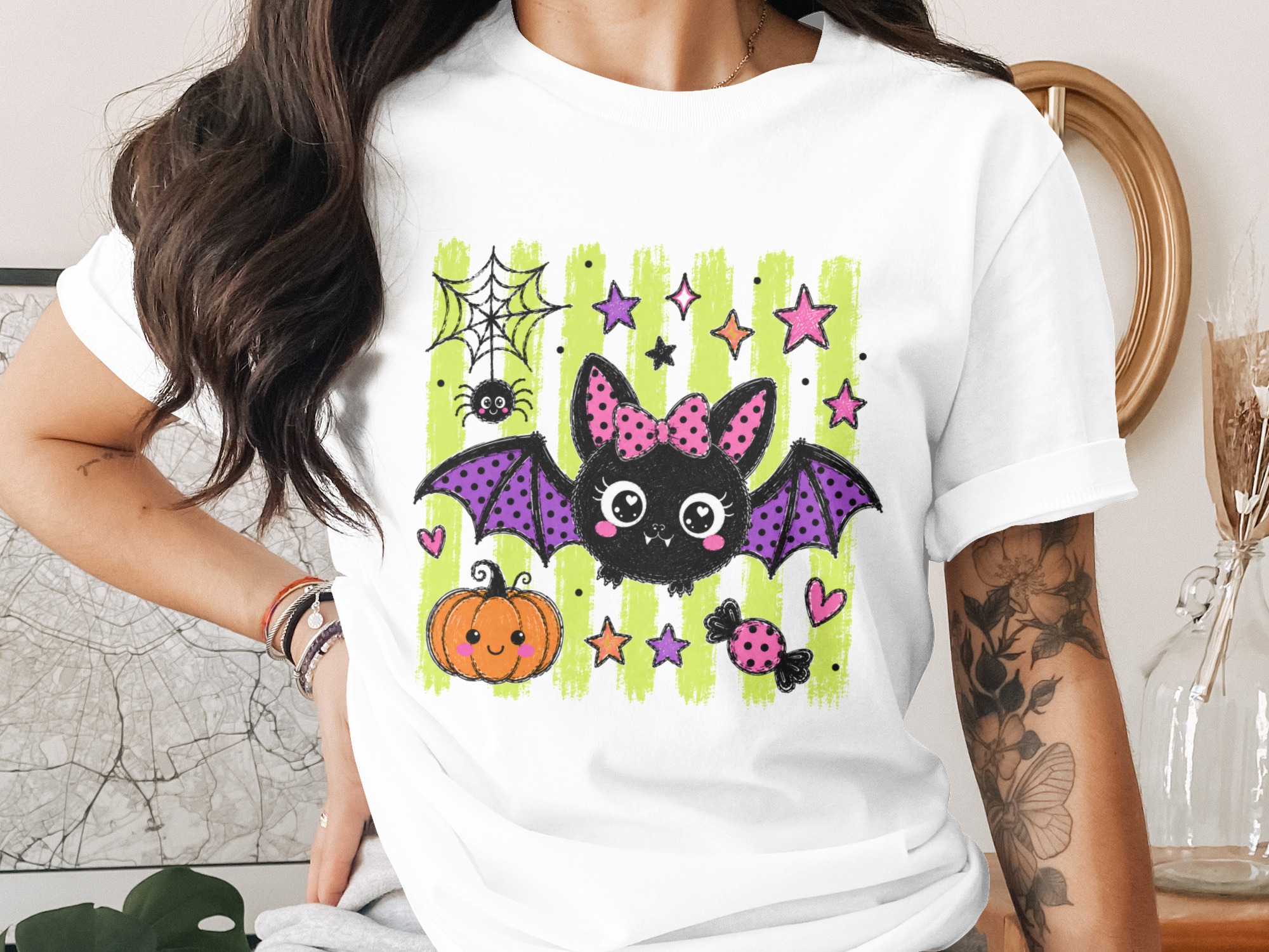 Comfort Colors ® Cute Halloween Bat T-Shirt | Kawaii Spooky Season Tee, Pink Bow Bat, Pumpkin & Stars, Fall Graphic Top Gift