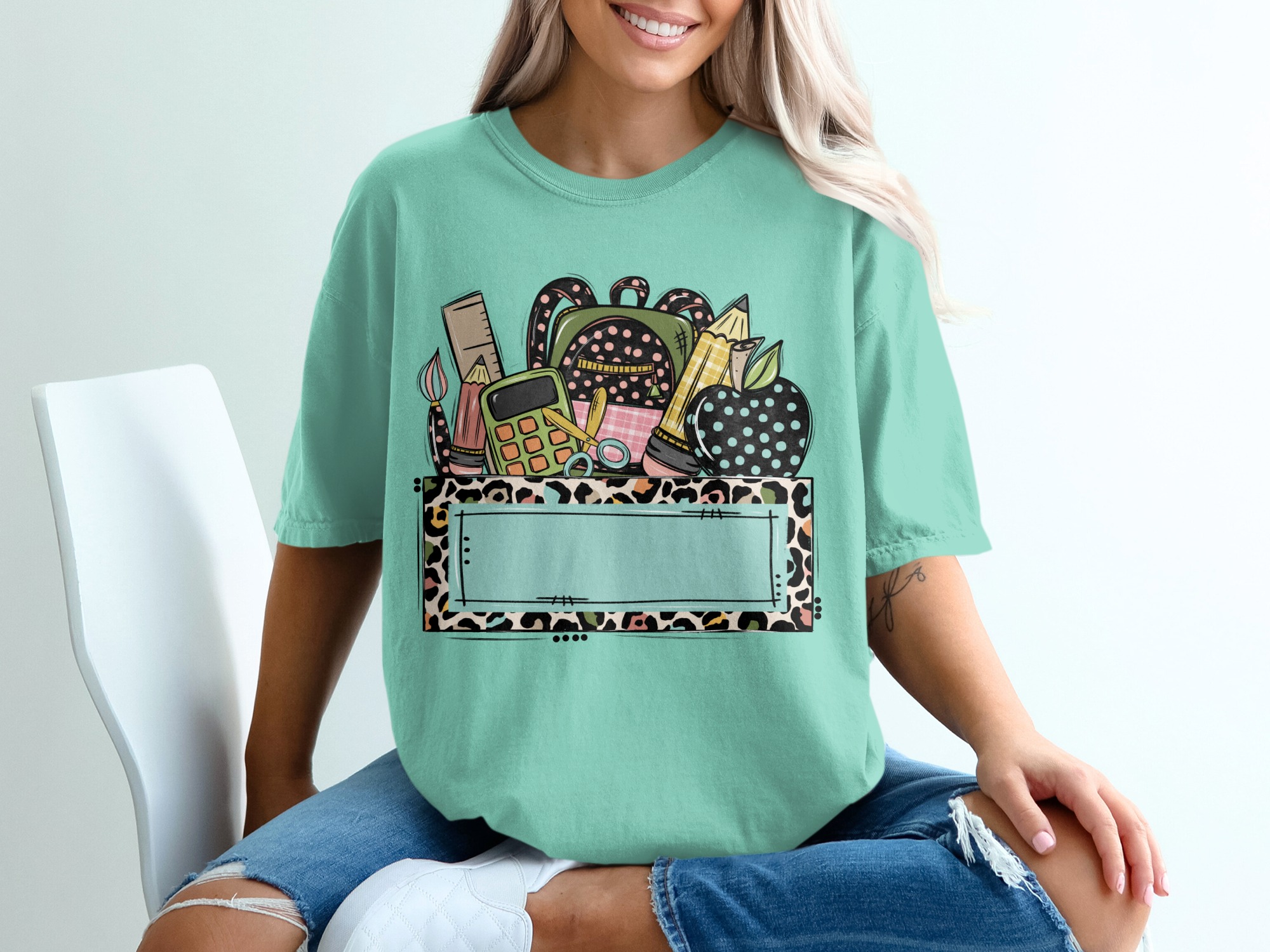Custom Teacher School Supplies T-Shirt | Personalized Educator Gift, Back to School, Leopard Print Top - Image 10