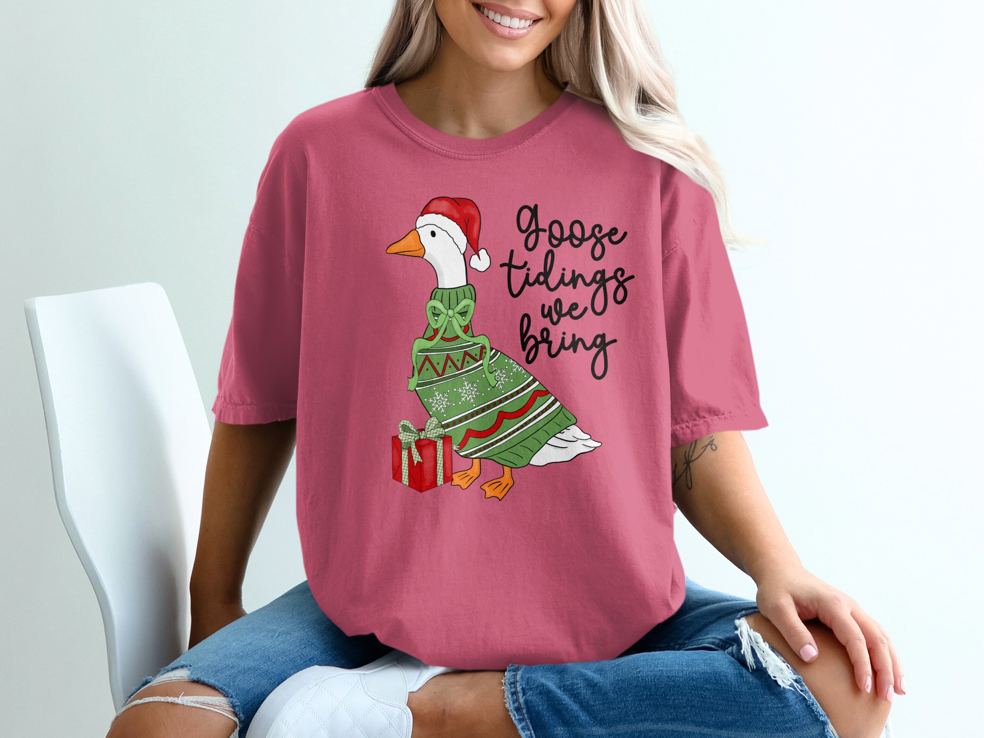 Goose Tidings We Bring Funny Christmas Goose Shirt, Holiday Lover Gift T-Shirt, Cute Animal Xmas Tee, Festive Duck Crewneck - Image 2