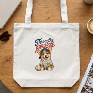 Corgi Baseball Tote Bag, Funny Dog Lover Gift, 'Throw The Dang Ball' Cute Pet Owner Canvas Shopping Bag
