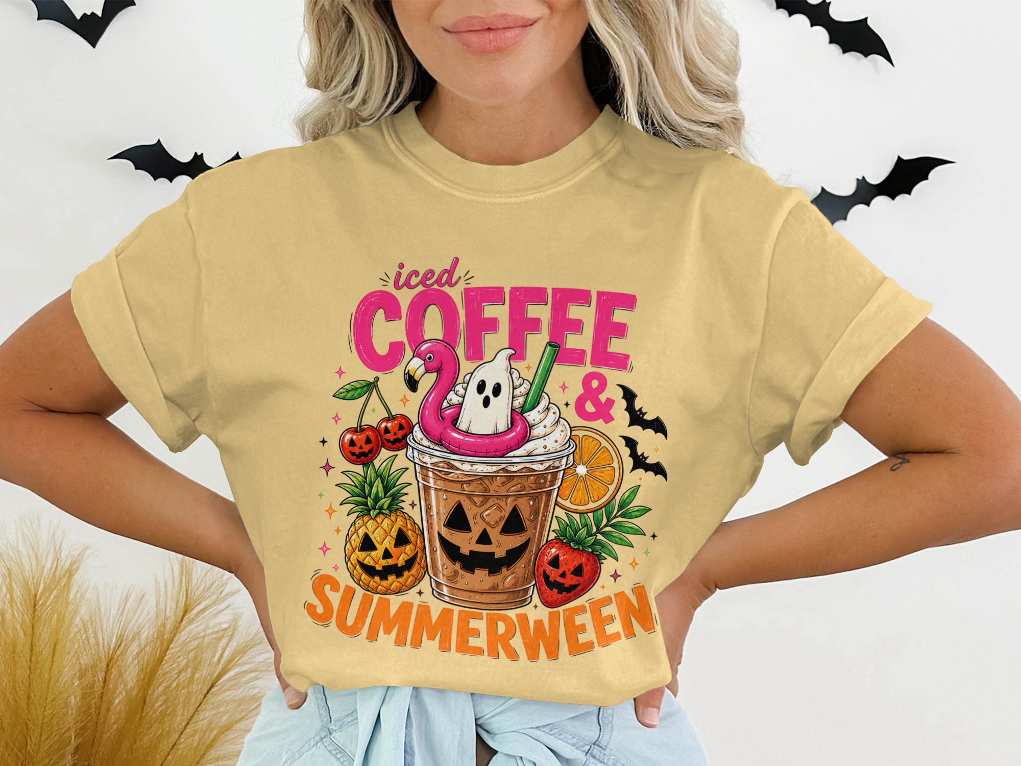 Iced Coffee & Summerween T-Shirt, Spooky Season Beach Lover Tee, Halloween in July Graphic Top, Funny Autumn Fall Shirt - Image 7